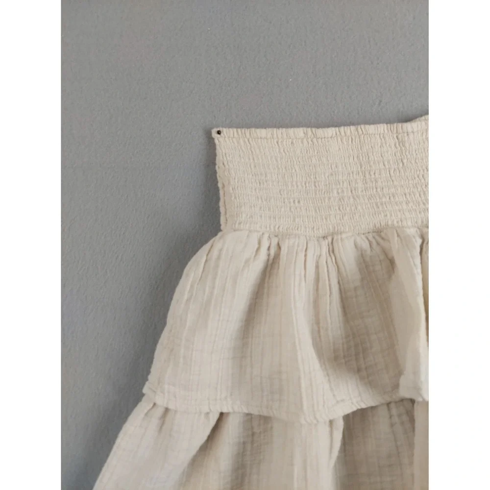 Universal Women Mini Skirt XS Beige 100% Cotton Tiered Ruffle Smocked Waist Boho
